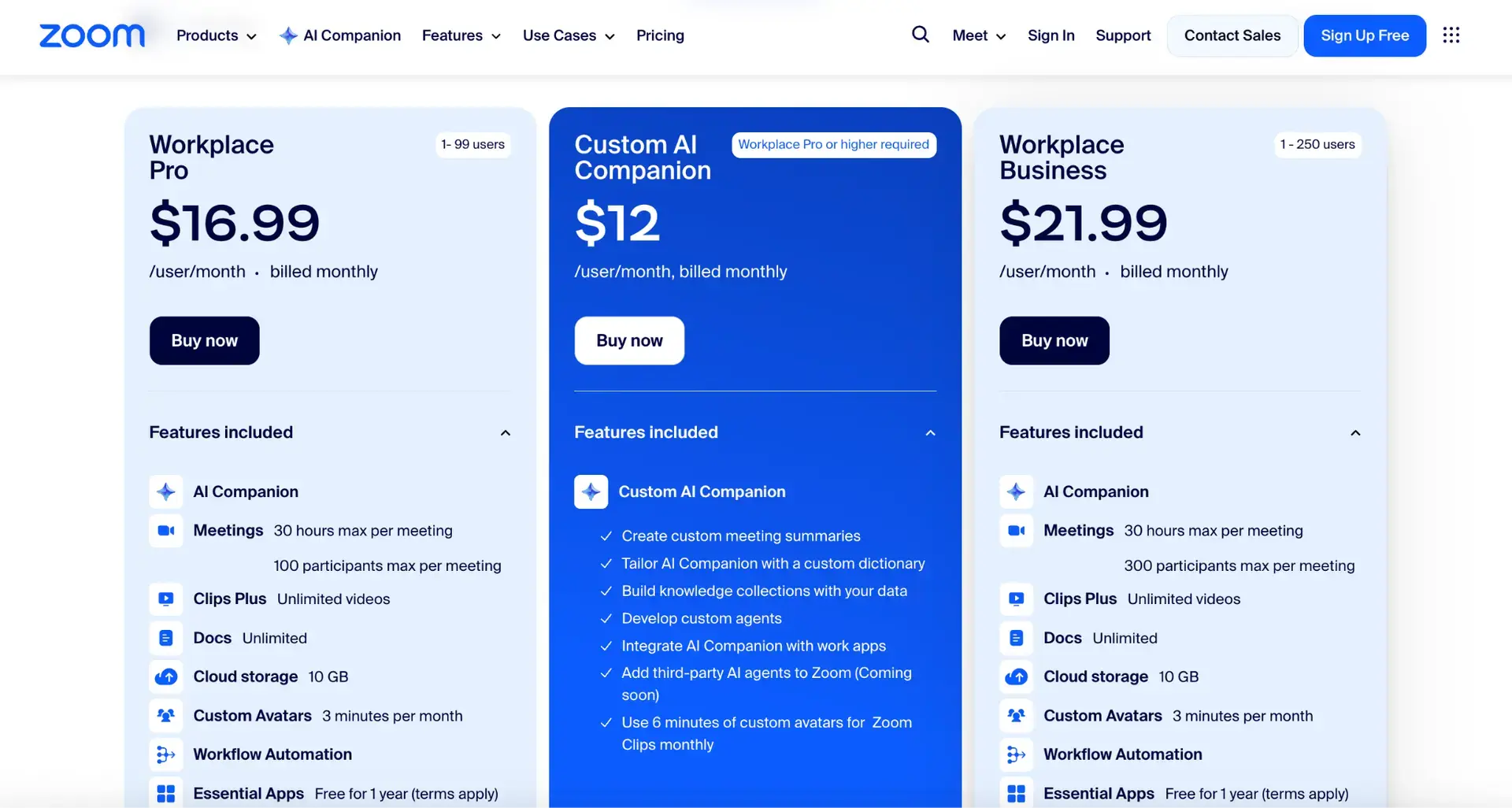 zoom ai companion pricing